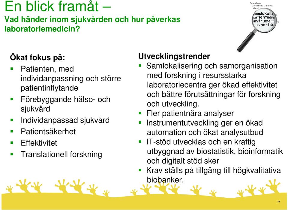 Translationell forskning Utvecklingstrender Samlokalisering och samorganisation med forskning i resursstarka laboratoriecentra ger ökad effektivitet och bättre