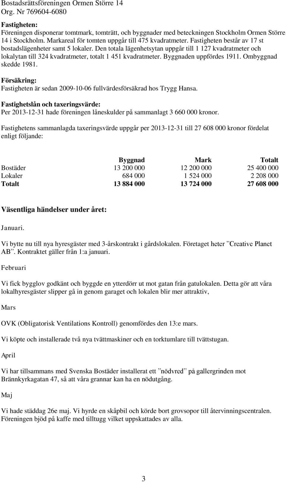 Byggnaden uppfördes 1911. Ombyggnad skedde 1981. Försäkring: Fastigheten är sedan 2009-10-06 fullvärdesförsäkrad hos Trygg Hansa.