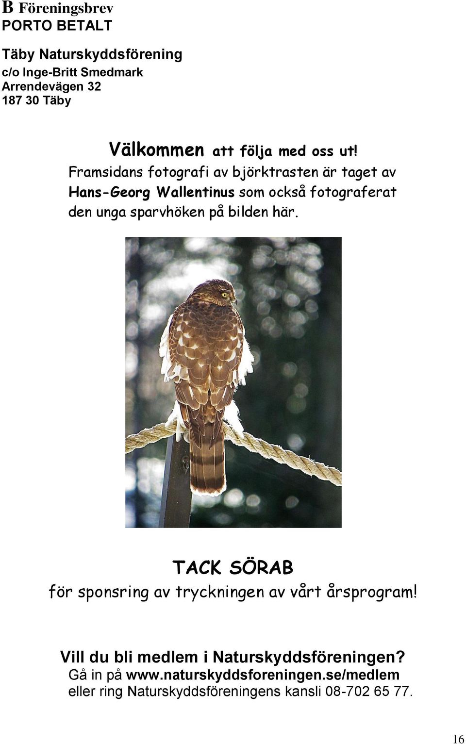 Framsidans fotografi av björktrasten är taget av Hans-Georg Wallentinus som också fotograferat den unga sparvhöken på