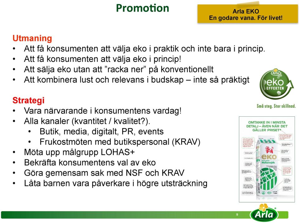 Att sälja eko utan att racka ner på konventionellt Att kombinera lust och relevans i budskap inte så präktigt Strategi Vara närvarande i