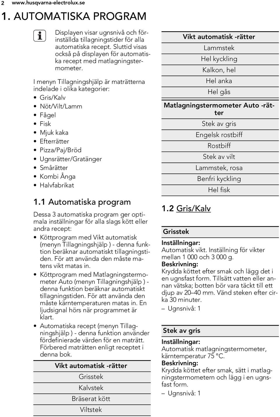 I menyn Tillagningshjälp är maträtterna indelade i olika kategorier: Gris/Kalv Nöt/Vilt/Lamm Fågel Fisk Mjuk kaka Efterrätter Pizza/Paj/Bröd Ugnsrätter/Gratänger Smårätter Kombi Ånga Halvfabrikat 1.