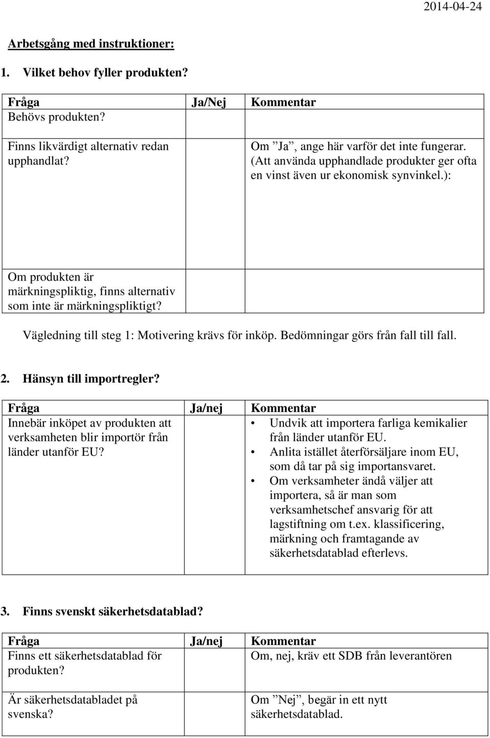 Vägledning till steg 1: Motivering krävs för inköp. Bedömningar görs från fall till fall. 2. Hänsyn till importregler?