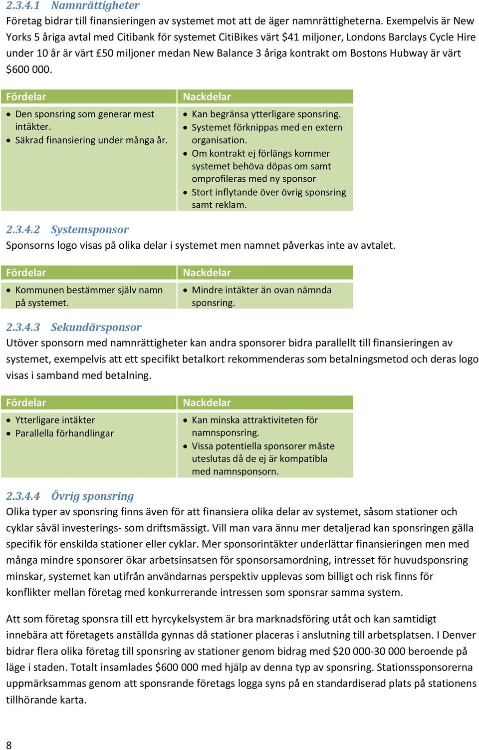 Hubway är värt $600 000. Fördelar Den sponsring som generar mest intäkter. Säkrad finansiering under många år. Nackdelar Kan begränsa ytterligare sponsring.