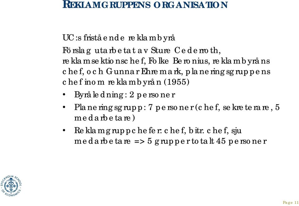 chef inom reklambyrån (1955) Byråledning: 2 personer Planeringsgrupp: 7 personer (chef,