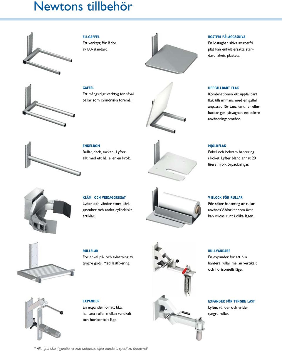 kantiner eller backar ger lyftvagnen ett större användningsområde. enkelbom Rullar, däck, säckar... Lyfter allt med ett hål eller en krok. MJölkFlak Enkel och bekväm hantering i köket.