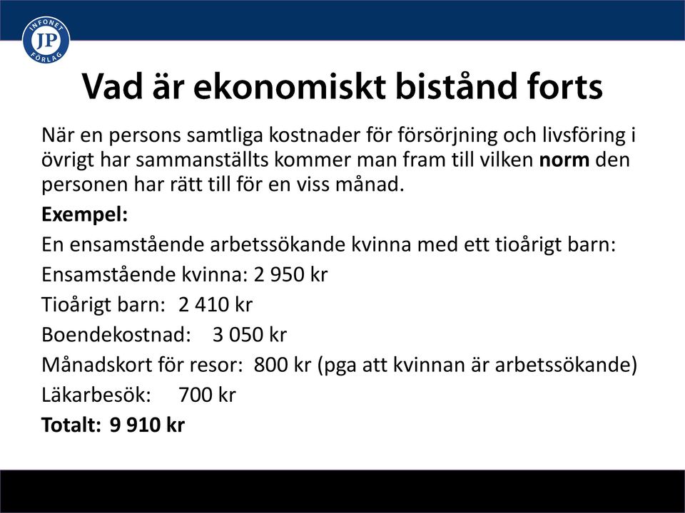 Exempel: En ensamstående arbetssökande kvinna med ett tioårigt barn: Ensamstående kvinna: 2 950 kr