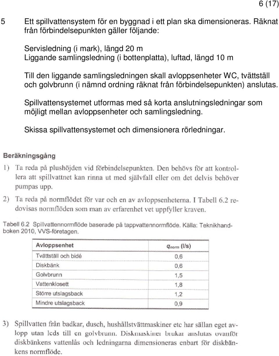 längd 10 m Till den liggande samlingsledningen skall avloppsenheter WC, tvättställ och golvbrunn (i nämnd ordning räknat från
