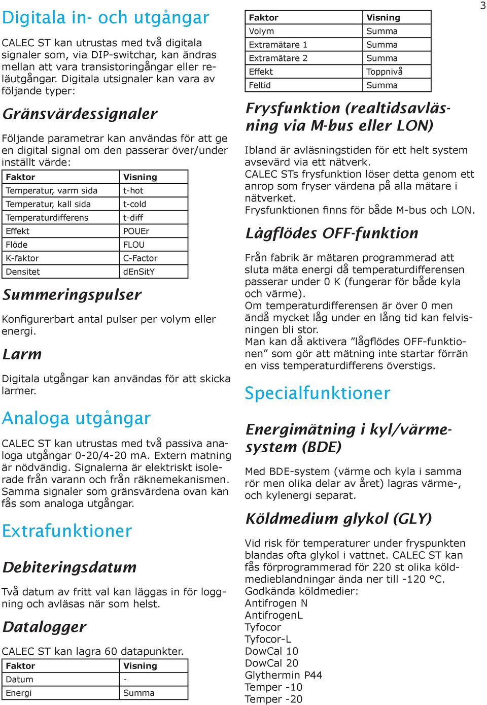 sida Temperatur, kall sida Temperaturdifferens Effekt Flöde K-faktor Densitet Visning t-hot t-cold t-diff POUEr FLOU C-Factor density Summeringspulser Konfigurerbart antal pulser per volym eller