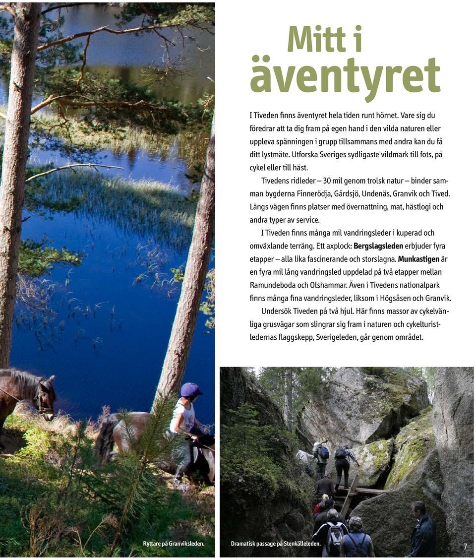 Utforska Sveriges sydligaste vildmark till fots, på cykel eller till häst. Tivedens ridleder 30 mil genom trolsk natur binder samman bygderna Finnerödja, Gårdsjö, Undenäs, Granvik och Tived.