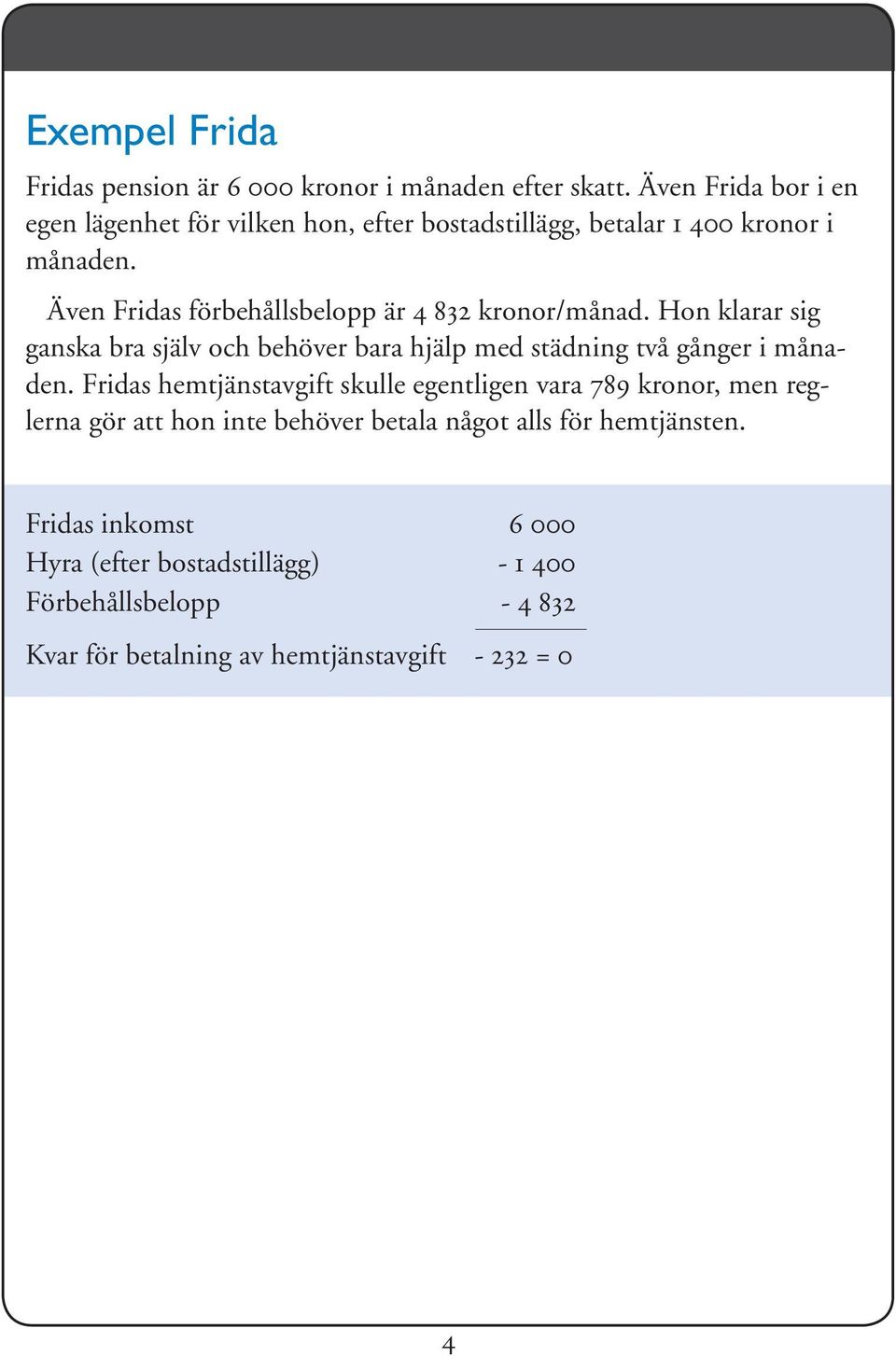 Även Fridas förbehållsbelopp är 4 832 kronor/månad. Hon klarar sig ganska bra själv och behöver bara hjälp med städning två gånger i månaden.