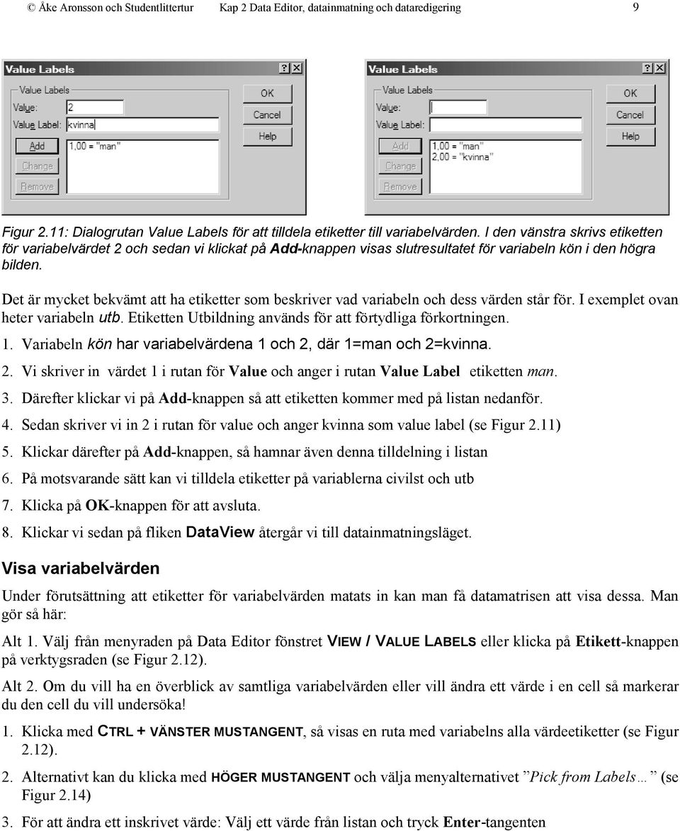 Det är mycket bekvämt att ha etiketter som beskriver vad variabeln och dess värden står för. I exemplet ovan heter variabeln utb. Etiketten Utbildning används för att förtydliga förkortningen. 1.