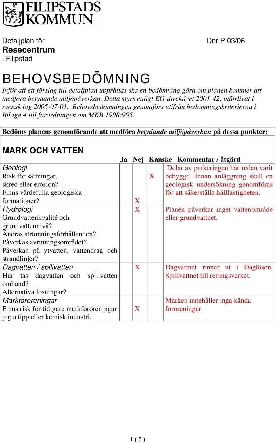 Bedöms planens genomförande att medföra betydande miljöpåverkan på dessa punkter: MARK OCH VATTEN Geologi Risk för sättningar, skred eller erosion? Finns värdefulla geologiska formationer?