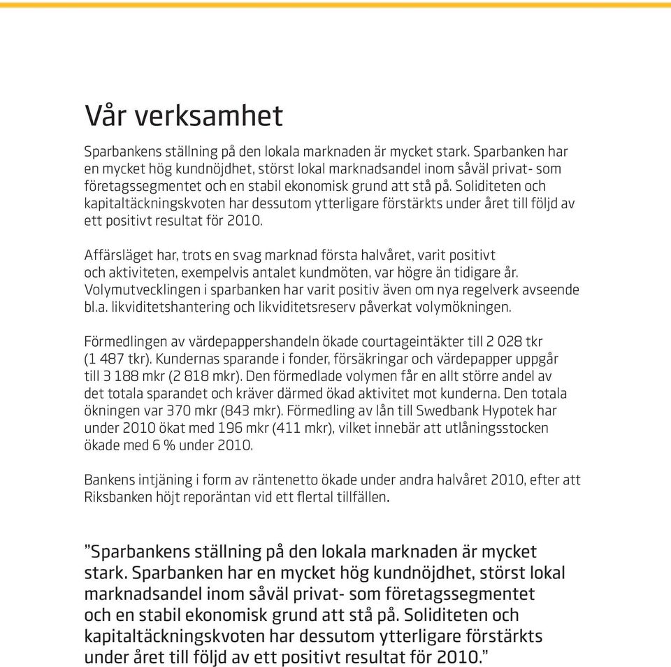 Soliditeten och kapitaltäckningskvoten har dessutom ytterligare förstärkts under året till följd av ett positivt resultat för 2010.