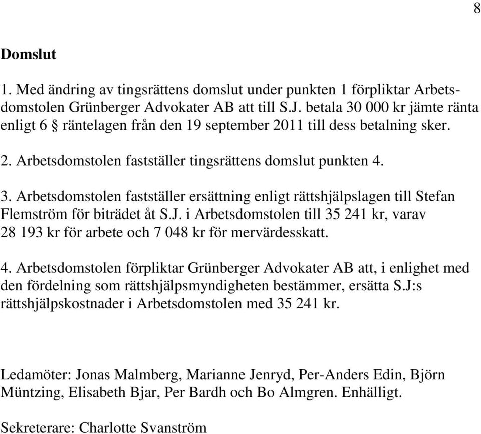 J. i Arbetsdomstolen till 35 241 kr, varav 28 193 kr för arbete och 7 048 kr för mervärdesskatt. 4.