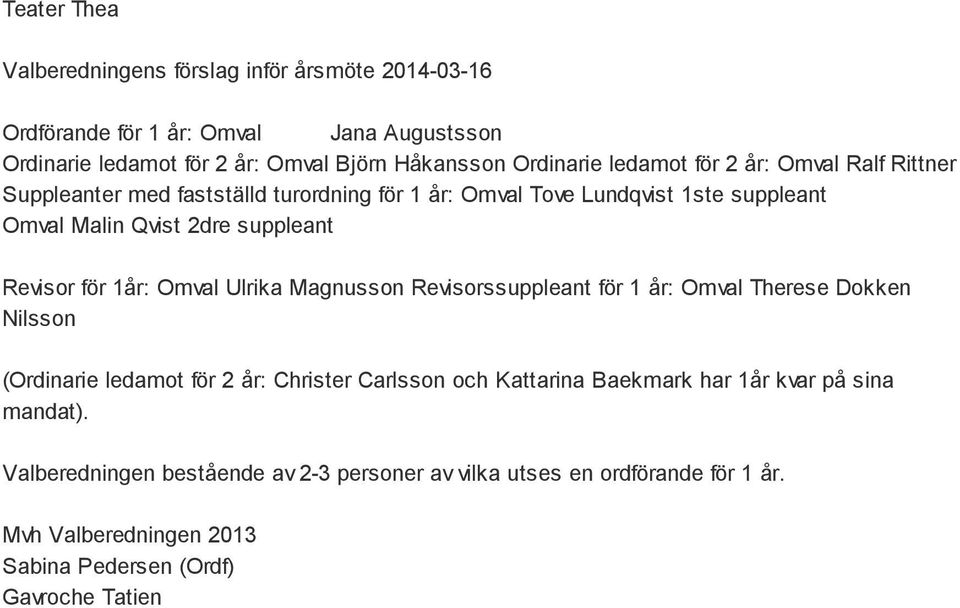 för 1år: Omval Ulrika Magnusson Revisorssuppleant för 1 år: Omval Therese Dokken Nilsson (Ordinarie ledamot för 2 år: Christer Carlsson och Kattarina Baekmark har
