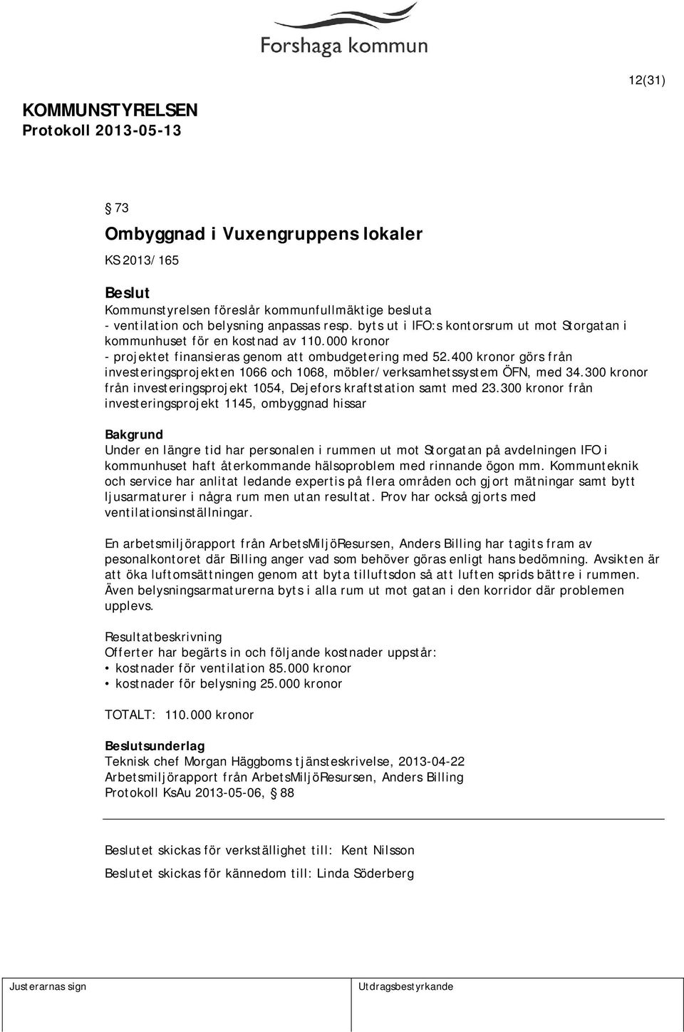 400 kronor görs från investeringsprojekten 1066 och 1068, möbler/verksamhetssystem ÖFN, med 34.300 kronor från investeringsprojekt 1054, Dejefors kraftstation samt med 23.
