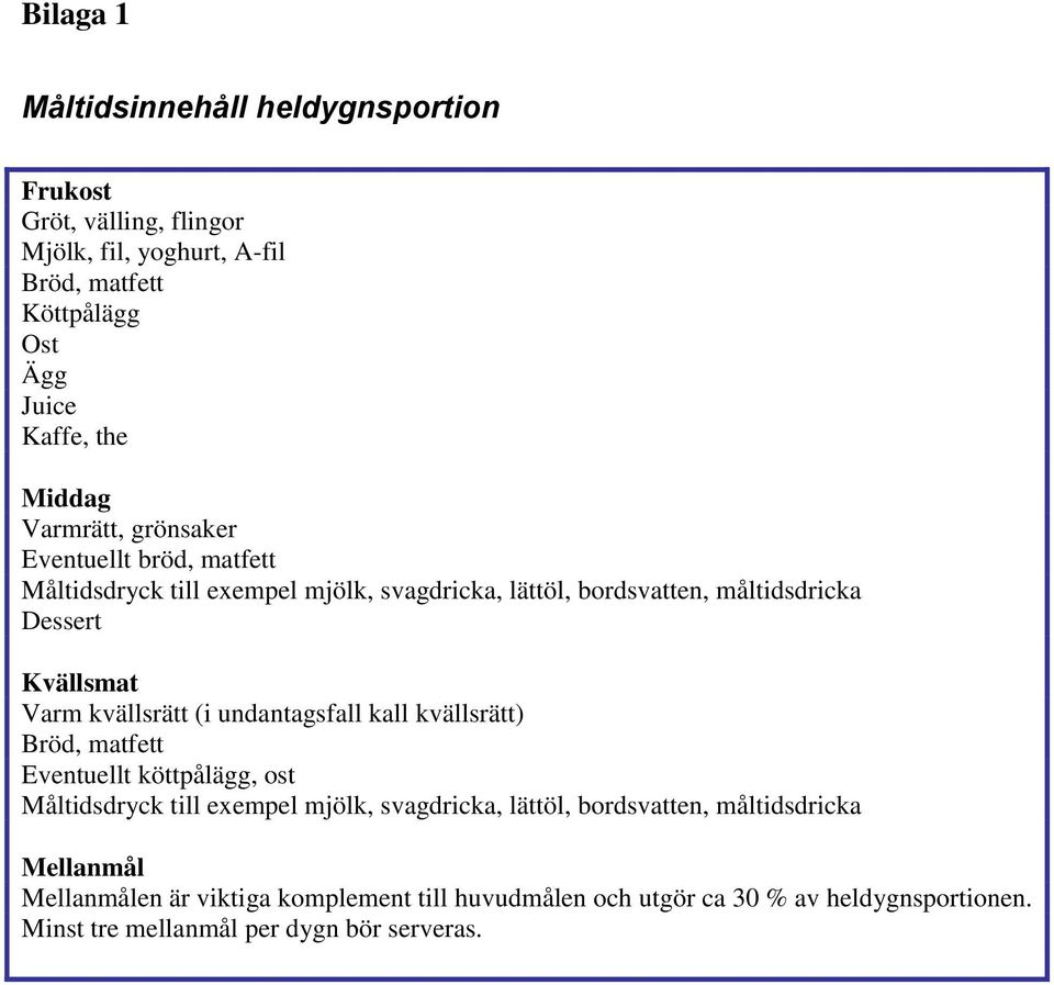 Varm kvällsrätt (i undantagsfall kall kvällsrätt) Bröd, matfett Eventuellt köttpålägg, ost Måltidsdryck till exempel mjölk, svagdricka, lättöl,