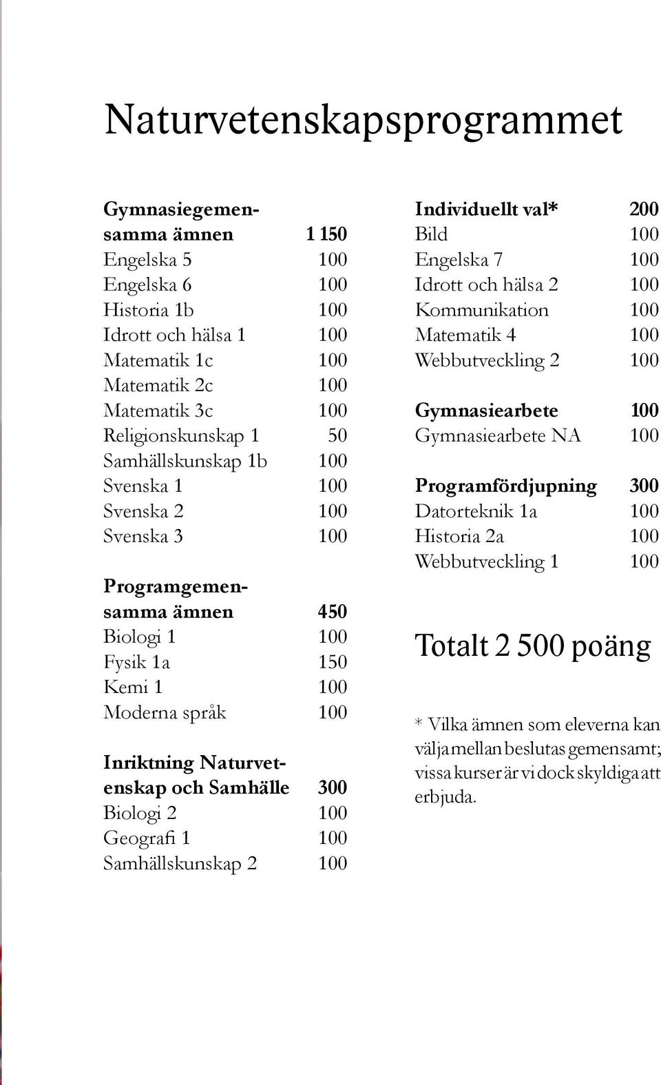 2 100 Geografi 1 100 Samhällskunskap 2 100 Individuellt val* 200 Bild 100 Engelska 7 100 Idrott och hälsa 2 100 Kommunikation 100 Matematik 4 100 Webbutveckling 2 100 Gymnasiearbete 100