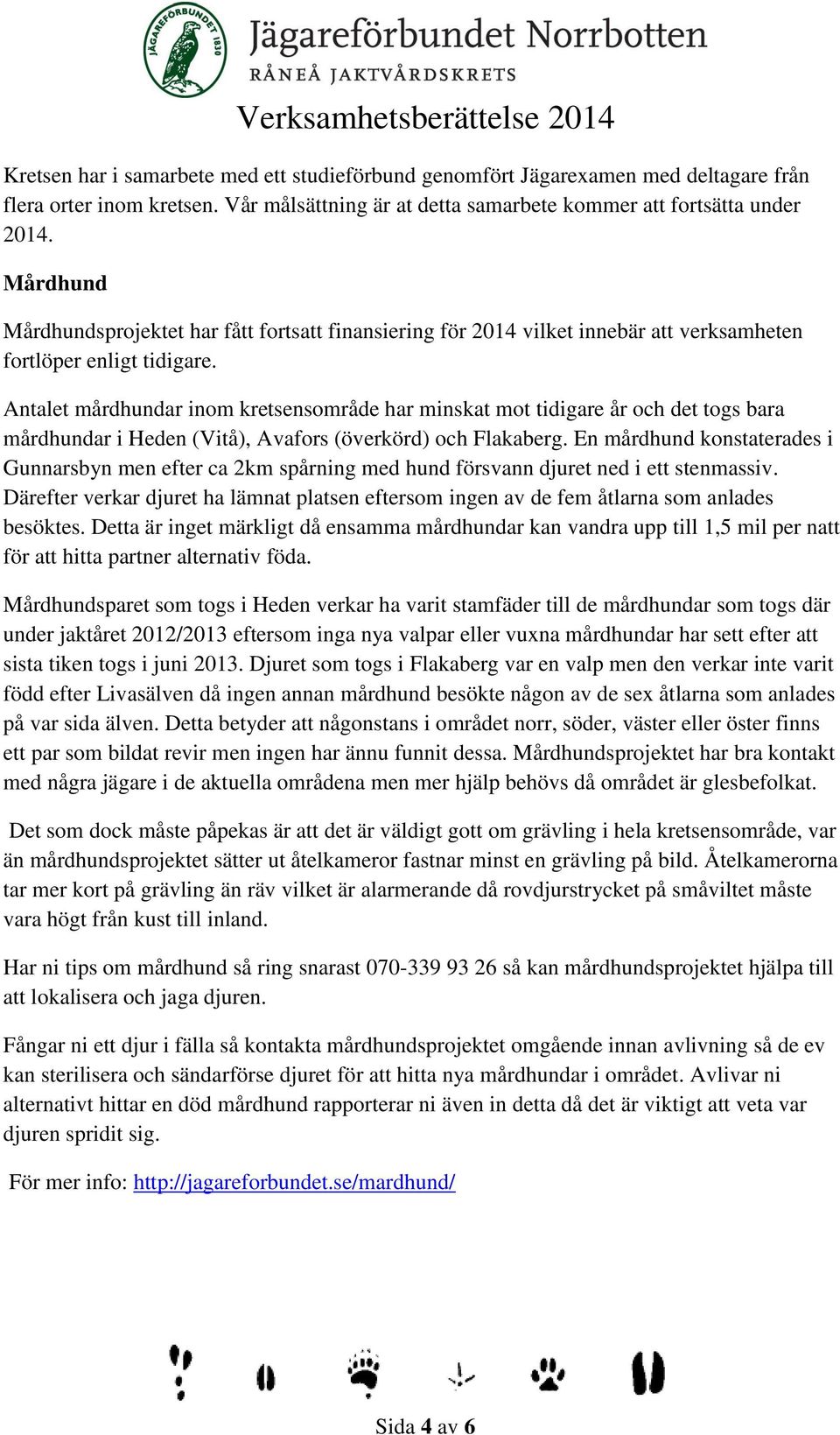 Antalet mårdhundar inom kretsensområde har minskat mot tidigare år och det togs bara mårdhundar i Heden (Vitå), Avafors (överkörd) och Flakaberg.