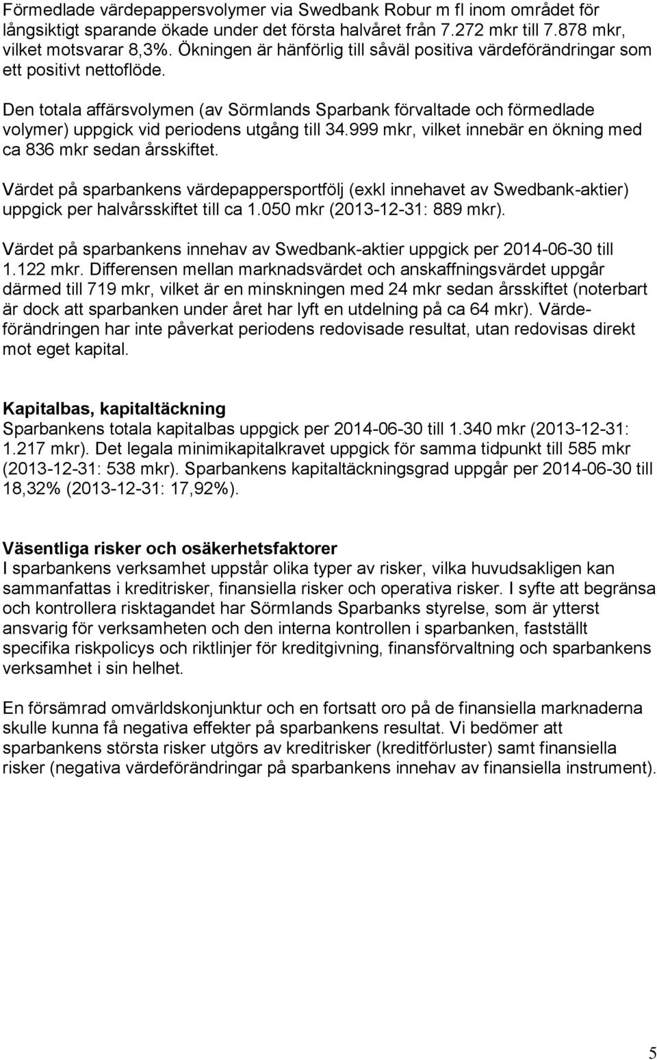 Den totala affärsvolymen (av Sörmlands Sparbank förvaltade och förmedlade volymer) uppgick vid periodens utgång till 34.999 mkr, vilket innebär en ökning med ca 836 mkr sedan årsskiftet.