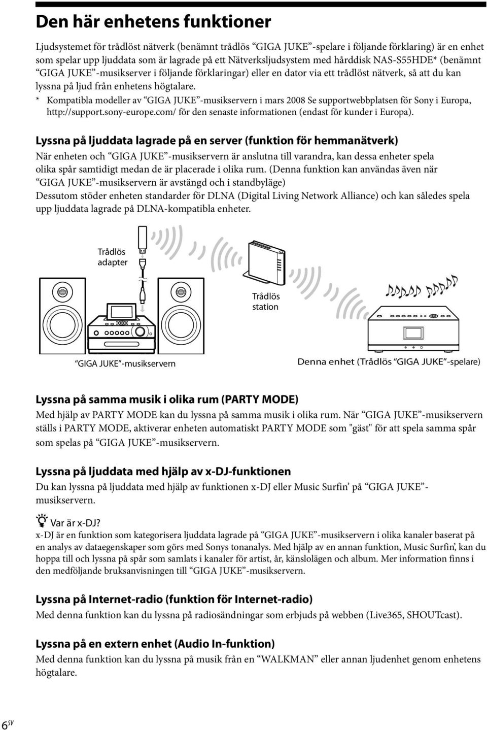 * Kompatibla modeller av GIGA JUKE -musikservern i mars 2008 Se supportwebbplatsen för Sony i Europa, http://support.sony-europe.com/ för den senaste informationen (endast för kunder i Europa).