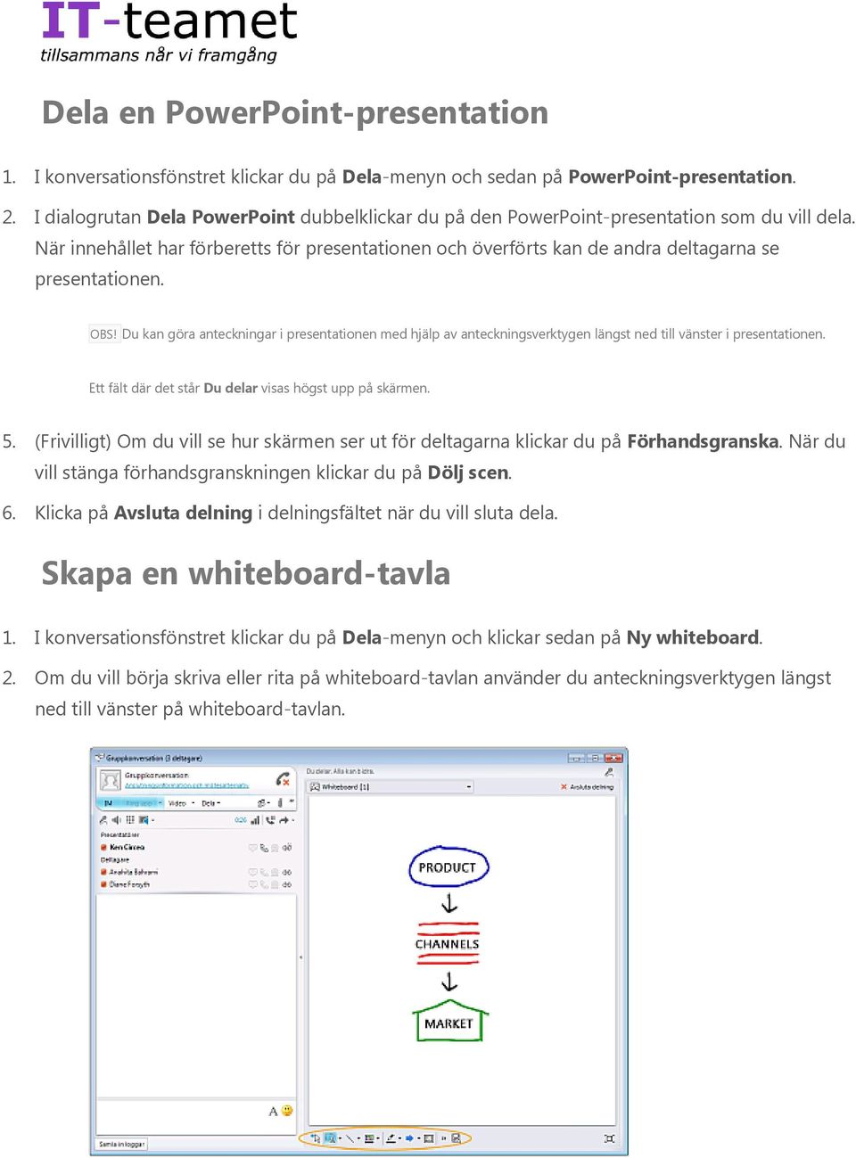 När innehållet har förberetts för presentationen och överförts kan de andra deltagarna se presentationen. OBS!