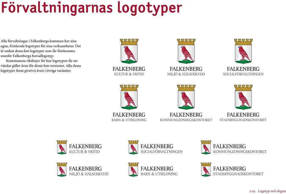 Det är endast dessa fem logotyper som får förekomma utanför Falkenbergs huvudlogotyp.
