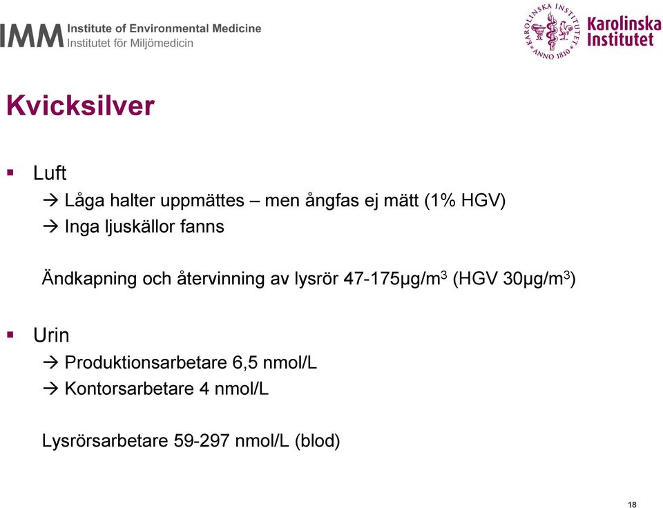 47-175µg/m 3 (HGV 30µg/m 3 ) Urin Produktionsarbetare 6,5