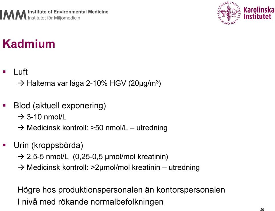 (0,25-0,5 µmol/mol kreatinin) Medicinsk kontroll: >2µmol/mol kreatinin utredning