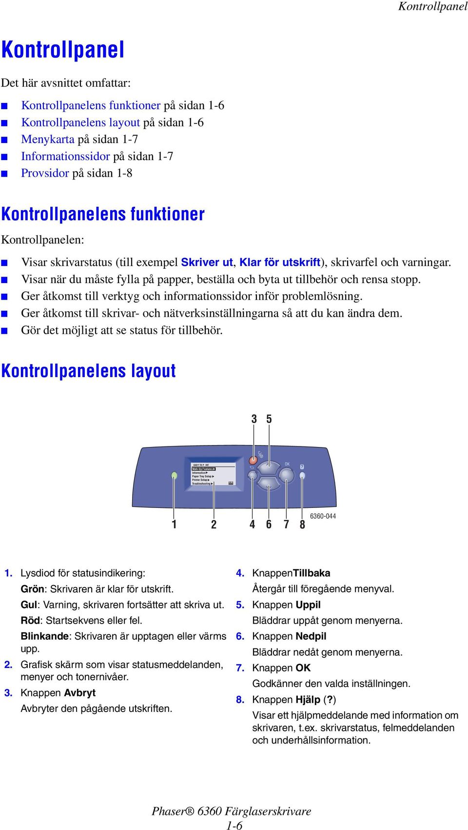 Visar när du måste fylla på papper, beställa och byta ut tillbehör och rensa stopp. Ger åtkomst till verktyg och informationssidor inför problemlösning.