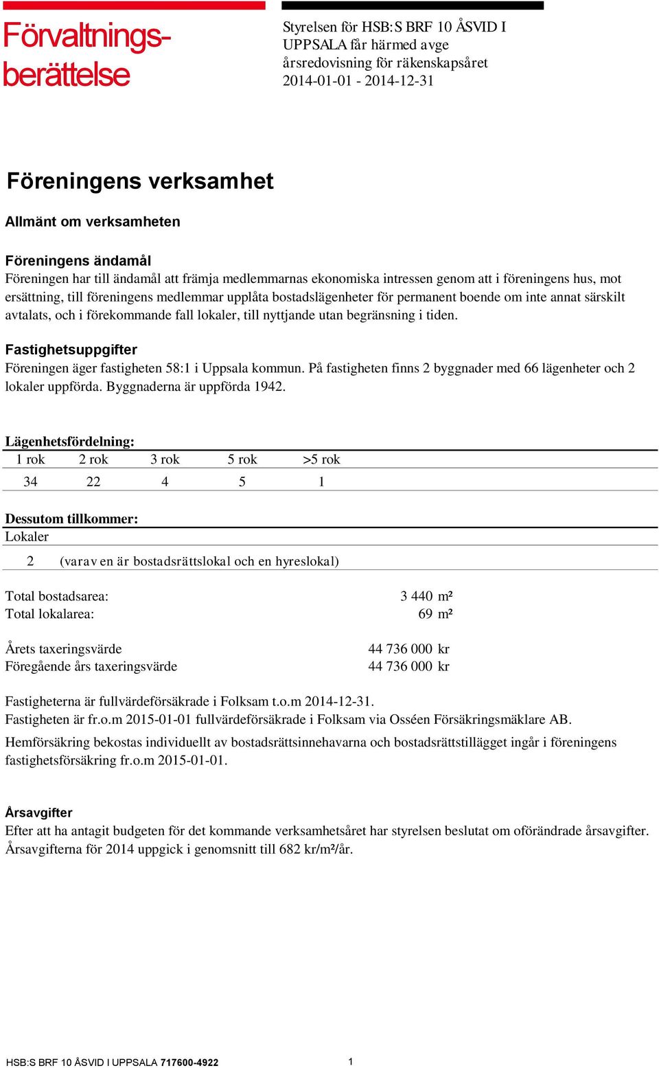 om inte annat särskilt avtalats, och i förekommande fall lokaler, till nyttjande utan begränsning i tiden. Fastighetsuppgifter Föreningen äger fastigheten 58:1 i Uppsala kommun.