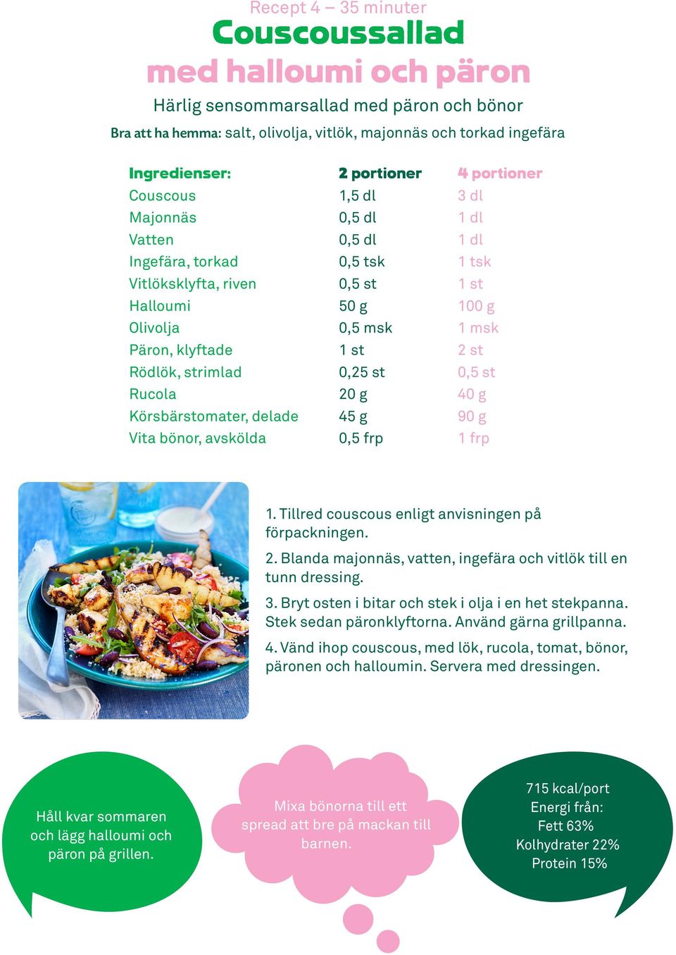 1 frp 1. Tillred couscous enligt anvisningen på förpackningen. 2. Blanda majonnäs, vatten, ingefära och vitlök till en tunn dressing. 3. Bryt osten i bitar och stek i olja i en het stekpanna.