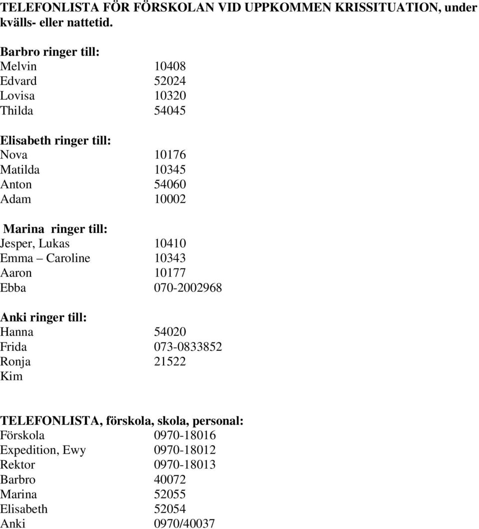 10002 Marina ringer till: Jesper, Lukas 10410 Emma Caroline 10343 Aaron 10177 Ebba 070-2002968 Anki ringer till: Hanna 54020 Frida