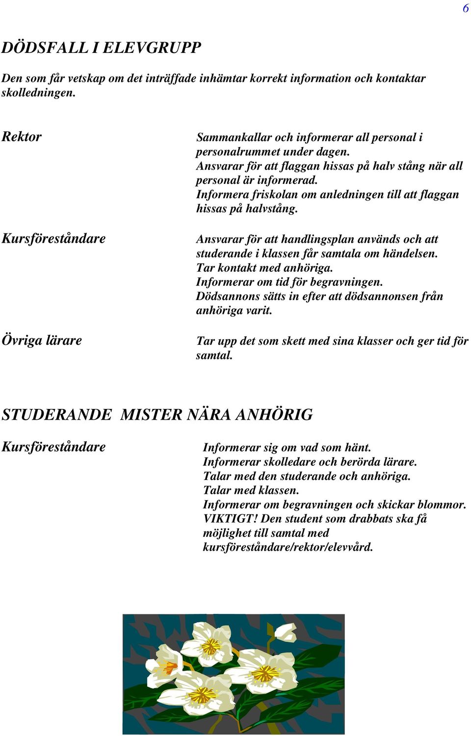 Informera friskolan om anledningen till att flaggan hissas på halvstång. Ansvarar för att handlingsplan används och att studerande i klassen får samtala om händelsen. Tar kontakt med anhöriga.