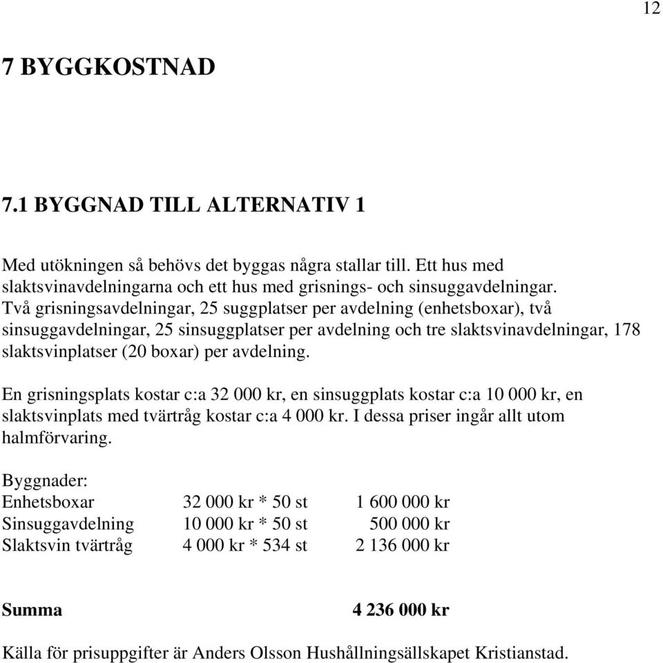 avdelning. En grisningsplats kostar c:a 32 kr, en sinsuggplats kostar c:a 1 kr, en slaktsvinplats med tvärtråg kostar c:a 4 kr. I dessa priser ingår allt utom halmförvaring.