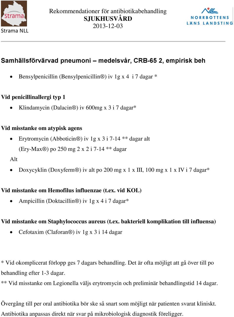 influenzae (t.ex. vid KOL) Ampicillin (Doktacillin ) iv 1g x 4 i 7 dagar* Vid misstanke om Staphylococcus aureus (t.ex. bakteriell komplikation till influensa) Cefotaxim (Claforan ) iv 1g x 3 i 14 dagar * Vid okomplicerat förlopp ges 7 dagars behandling.