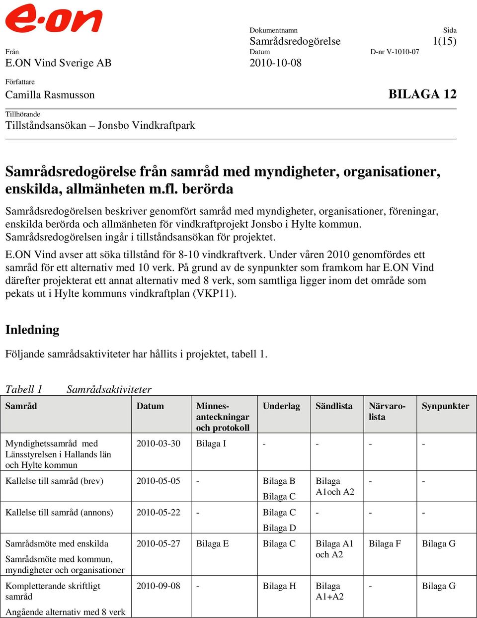 berörda n beskriver genomfört samråd med myndigheter, organisationer, föreningar, enskilda berörda och allmänheten för vindkraftprojekt Jonsbo i Hylte kommun.