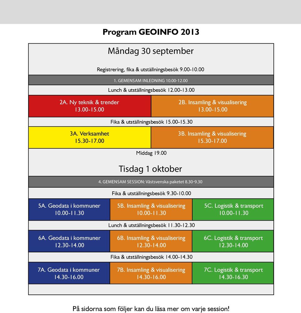 GEMENSAM SESSION: Västsvenska paketet 8.30-9.30 Fika & utställningsbesök 9.30-10.00 5A. Geodata i kommuner 10.00-11.30 6A. Geodata i kommuner 12.30-14.00 7A. Geodata i kommuner 14.30-16.00 5B.