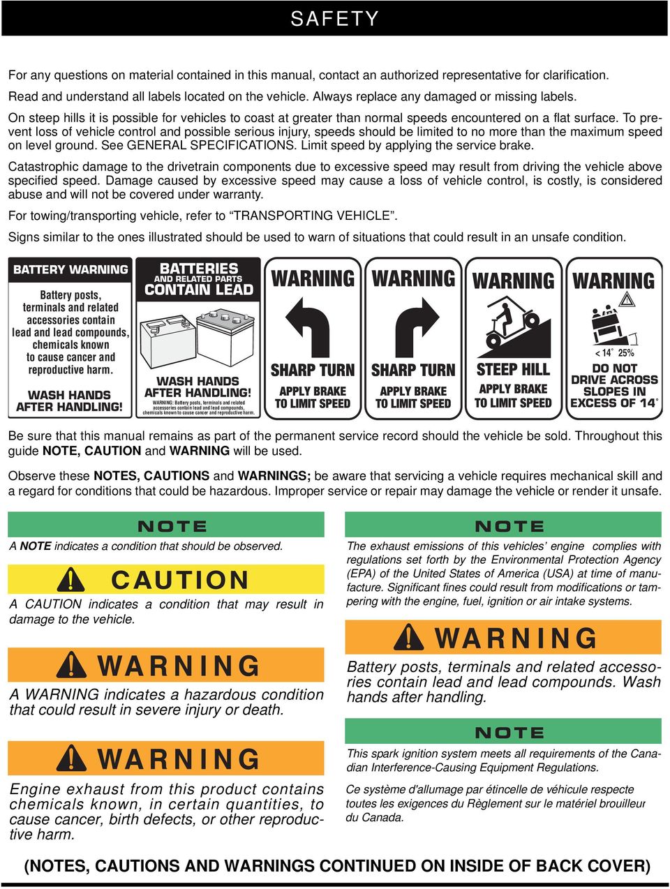 To prevent loss of vehicle control and possible serious injury, speeds should be limited to no more than the maximum speed on level ground. See GENERAL SPECIFICATIONS.