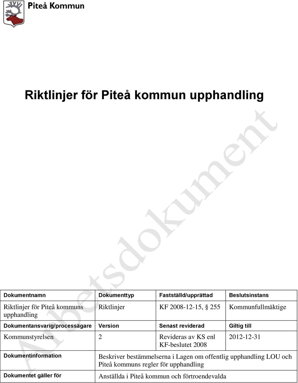 Giltig till Kommunstyrelsen 2 Revideras av KS enl KF-beslutet 2008 Dokumentinformation Dokumentet gäller för 2012-12-31