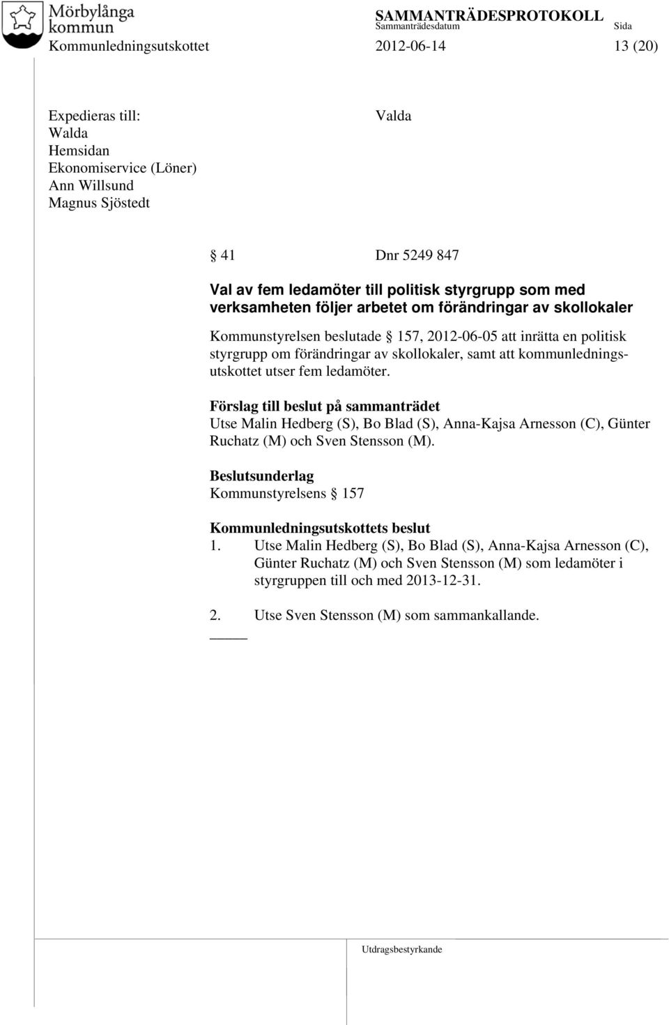 kommunledningsutskottet utser fem ledamöter. Förslag till beslut på sammanträdet Utse Malin Hedberg (S), Bo Blad (S), Anna-Kajsa Arnesson (C), Günter Ruchatz (M) och Sven Stensson (M).