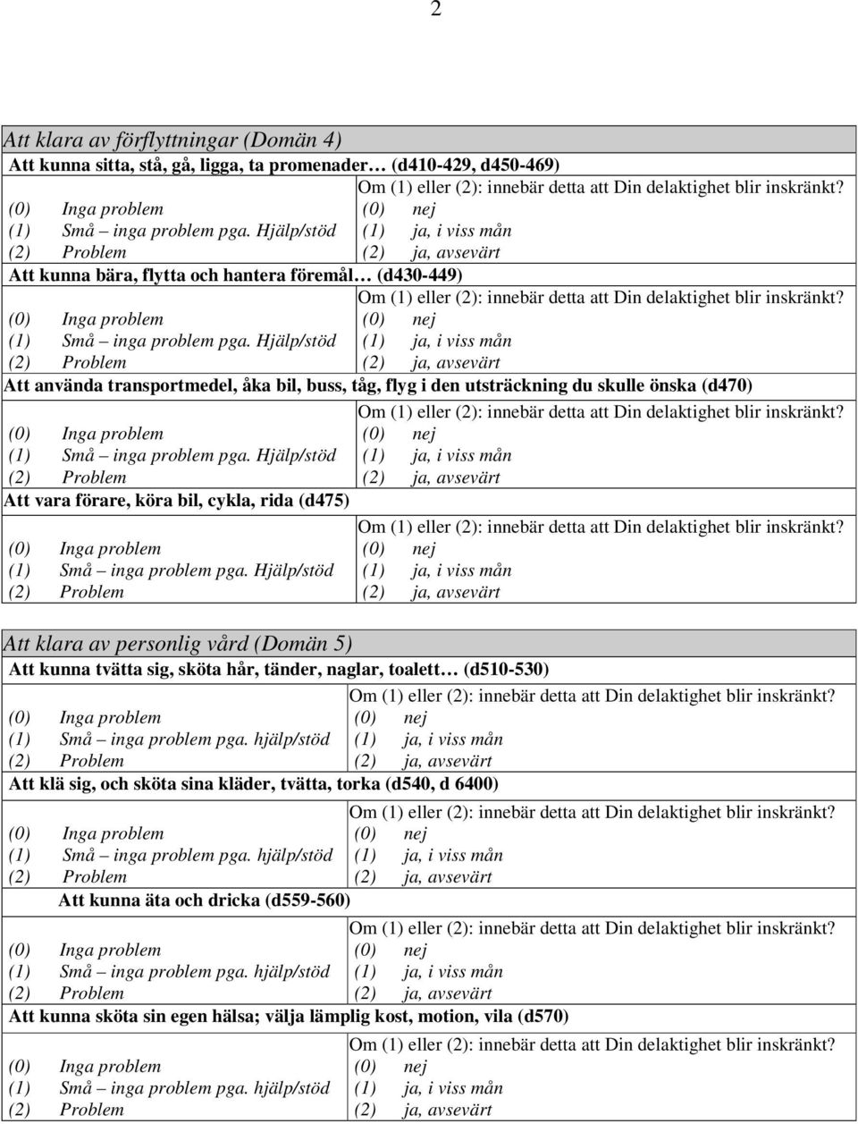 Hjälp/stöd Att använda transportmedel, åka bil, buss, tåg, flyg i den utsträckning du skulle önska (d470) (1) Små inga problem pga.