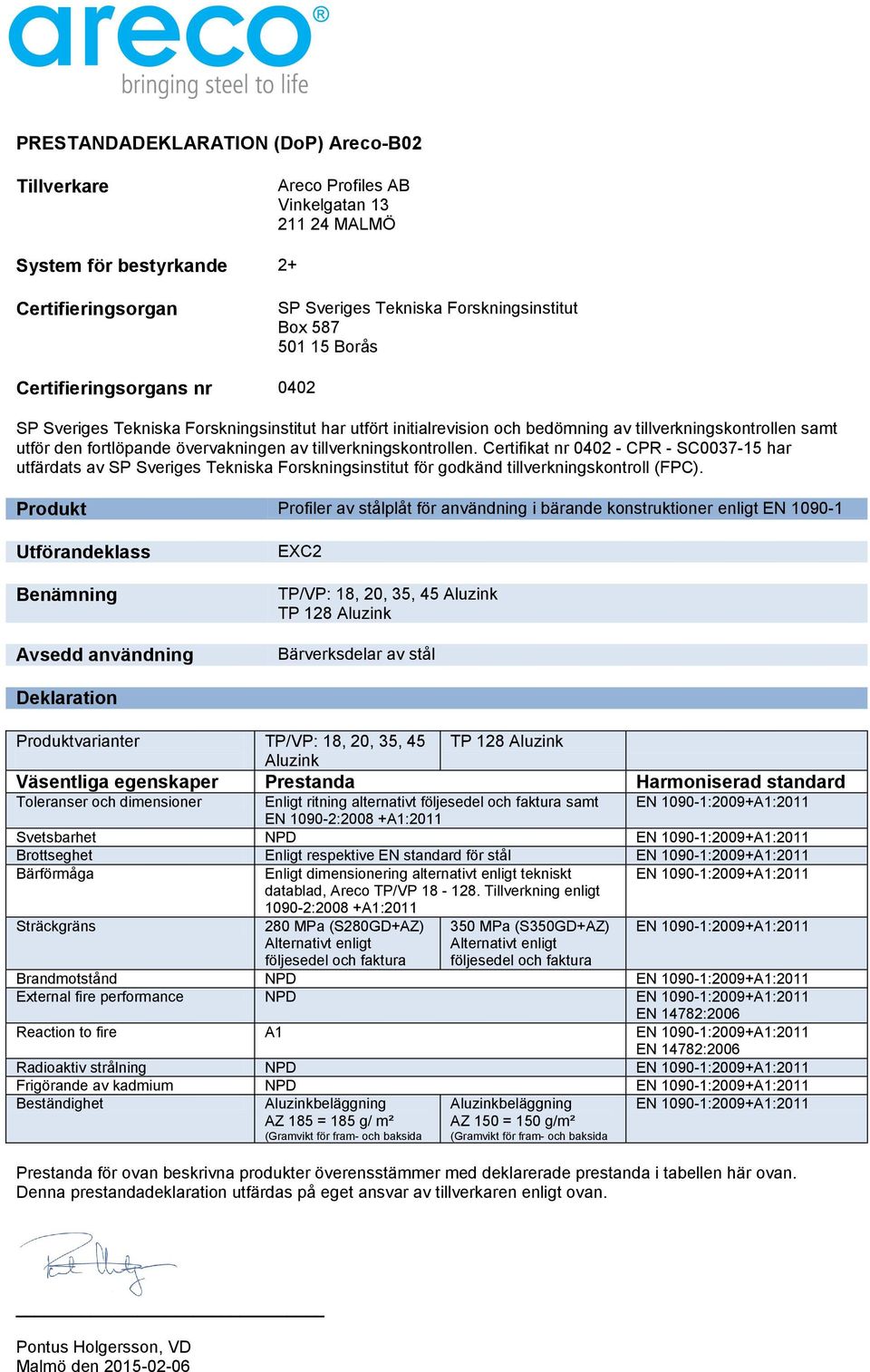 stål datablad, Areco TP/VP 18-128.