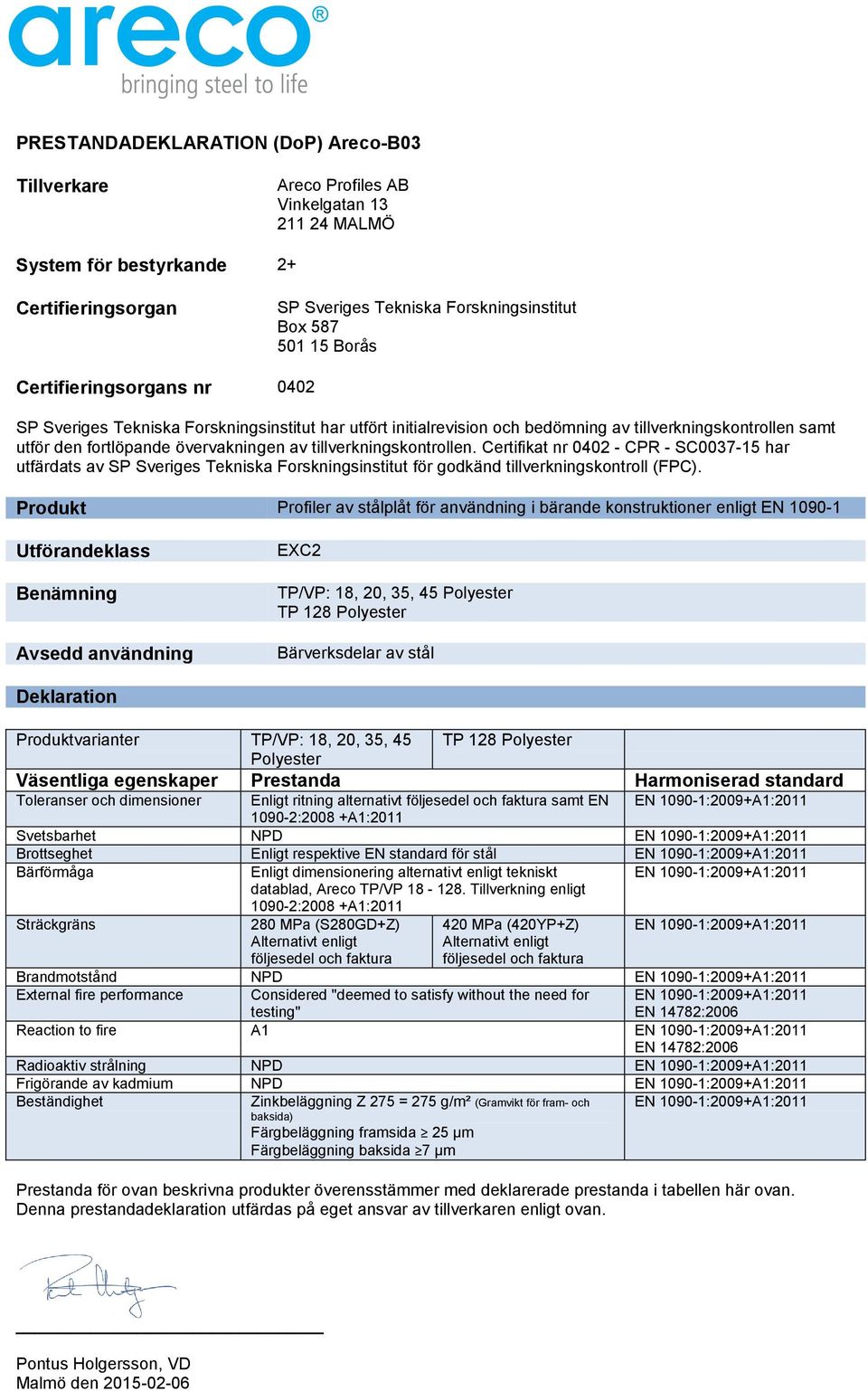 EN standard för stål datablad, Areco TP/VP 18-128.