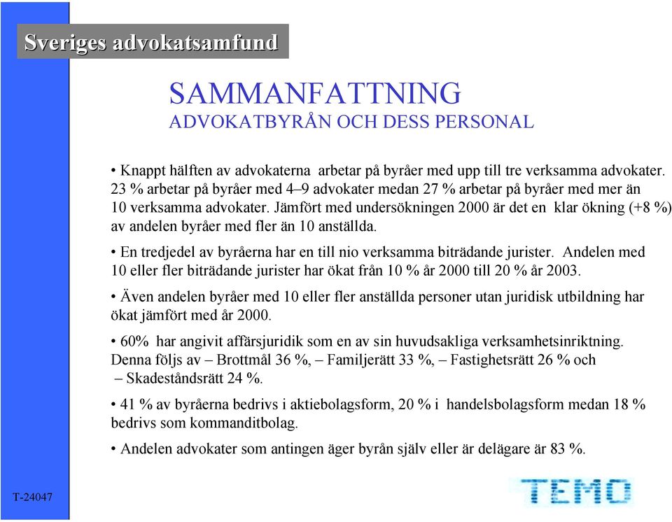 Jämfört med undersökningen 2000 är det en klar ökning (+8 %) av andelen byråer med fler än 10 anställda. En tredjedel av byråerna har en till nio verksamma biträdande jurister.