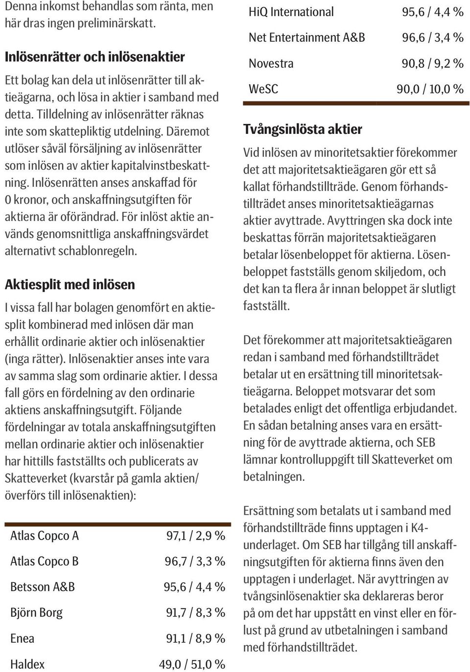 Inlösenrätten anses anskaffad för 0 kronor, och anskaffningsutgiften för aktierna är oförändrad. För inlöst aktie används genomsnittliga anskaffningsvärdet alternativt schablonregeln.