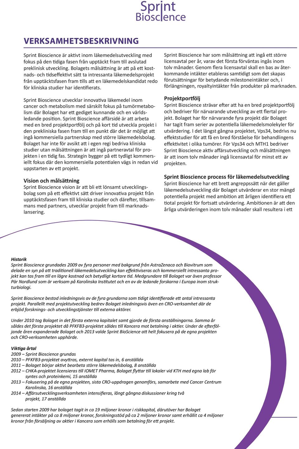 identifierats. Sprint Bioscience utvecklar innovativa läkemedel inom cancer och metabolism med särskilt fokus på tumörmetabolism där Bolaget har ett gediget kunnande och en världsledande position.