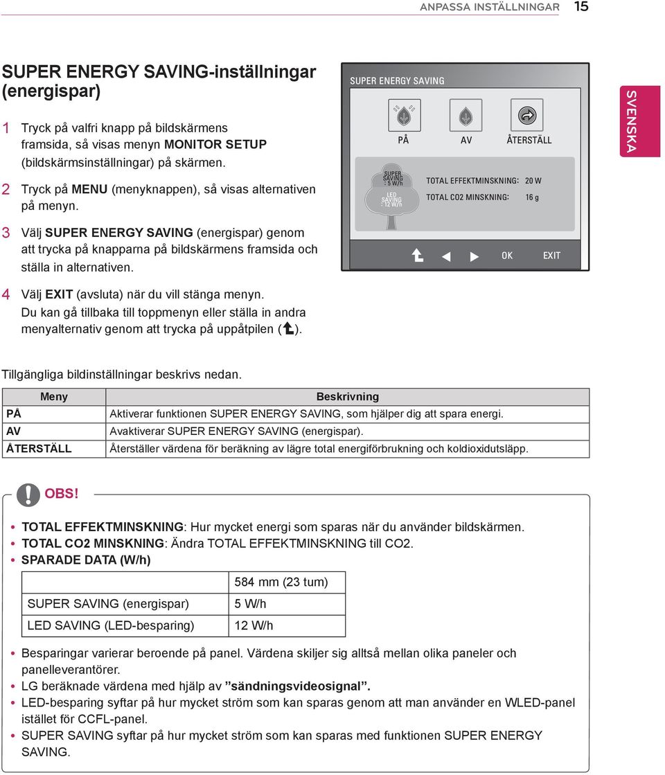 SUPER ENERGY SAVING SUPER SAVING : 5 W/h LED SAVING : 12 W/h PÅ AV ÅTERSTÄLL TOTAL EFFEKTMINSKNING: 20 W TOTAL CO2 MINSKNING: 16 g 3 Välj SUPER ENERGY SAVING (energispar) genom att trycka på