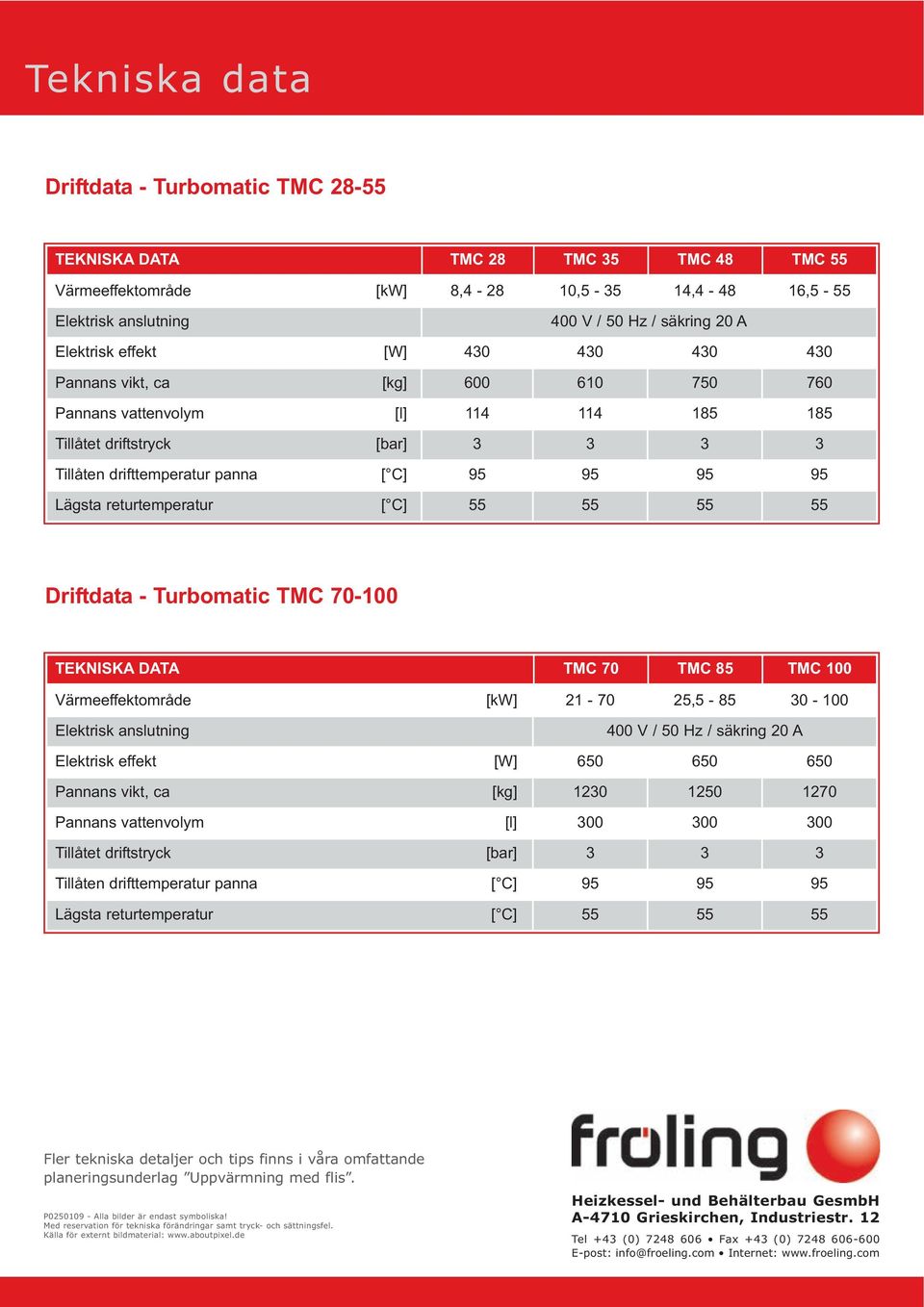 Lägsta returtemperatur [ C] 55 55 55 55 Driftdata - Turbomatic TMC 70-100 TEKNISKA DATA TMC 70 TMC 85 TMC 100 Värmeeffektområde [kw] 21-70 25,5-85 30-100 Elektrisk anslutning 400 V / 50 Hz / säkring
