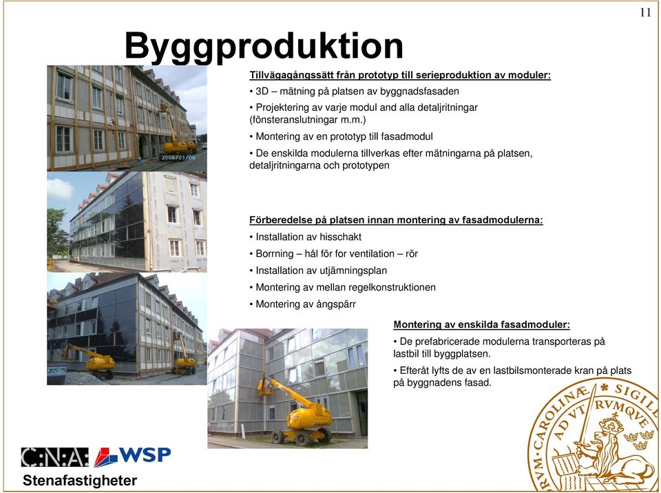 m.) Montering av en prototyp till fasadmodul De enskilda modulerna tillverkas efter mätningarna på platsen, detaljritningarna och prototypen Förberedelse på platsen innan montering av